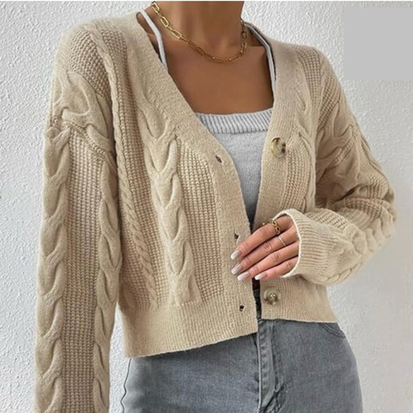 Sweaters - Cropped Cable Knit Cardigan, Tan Color,Size Small